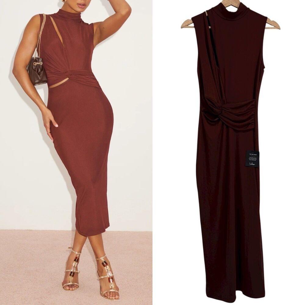Lulus Kamara Brown Mesh Cutout Knotted Midi Dress Size M Brown Chic Glam Party